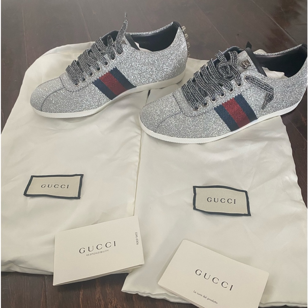 Gucci Silver Glitter Sneakers with Navy and Red Web Stripe